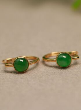 #D799一对18K金镶嵌冰种满绿天然A货翡翠蛋面耳钉耳扣款