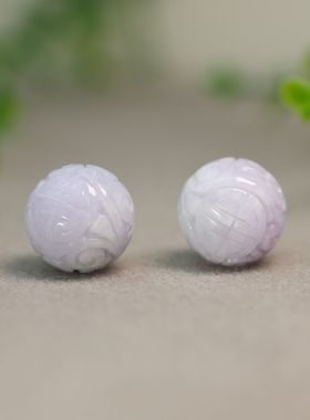 #K625一对紫色缅甸天然A货翡翠团寿龙纹雕花珠子 15MM圆珠佛珠