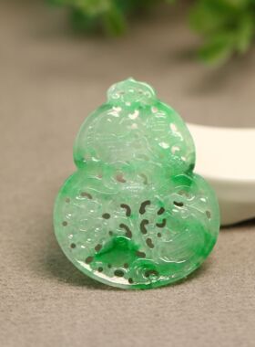 #D228冰种飘阳绿天然A货翡翠镂空雕花葫芦吊坠花片