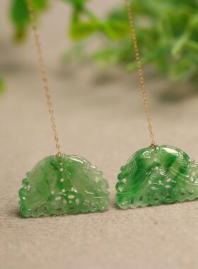 #F178一对18K金镶嵌老坑冰种飘绿花天然翡翠古钱币双鱼耳坠