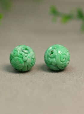 #L278一对阳绿缅甸天然A货翡翠团寿雕花珠子 15MM雕花圆珠