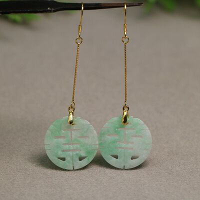 天然A货翡翠镂空圆形喜字耳坠