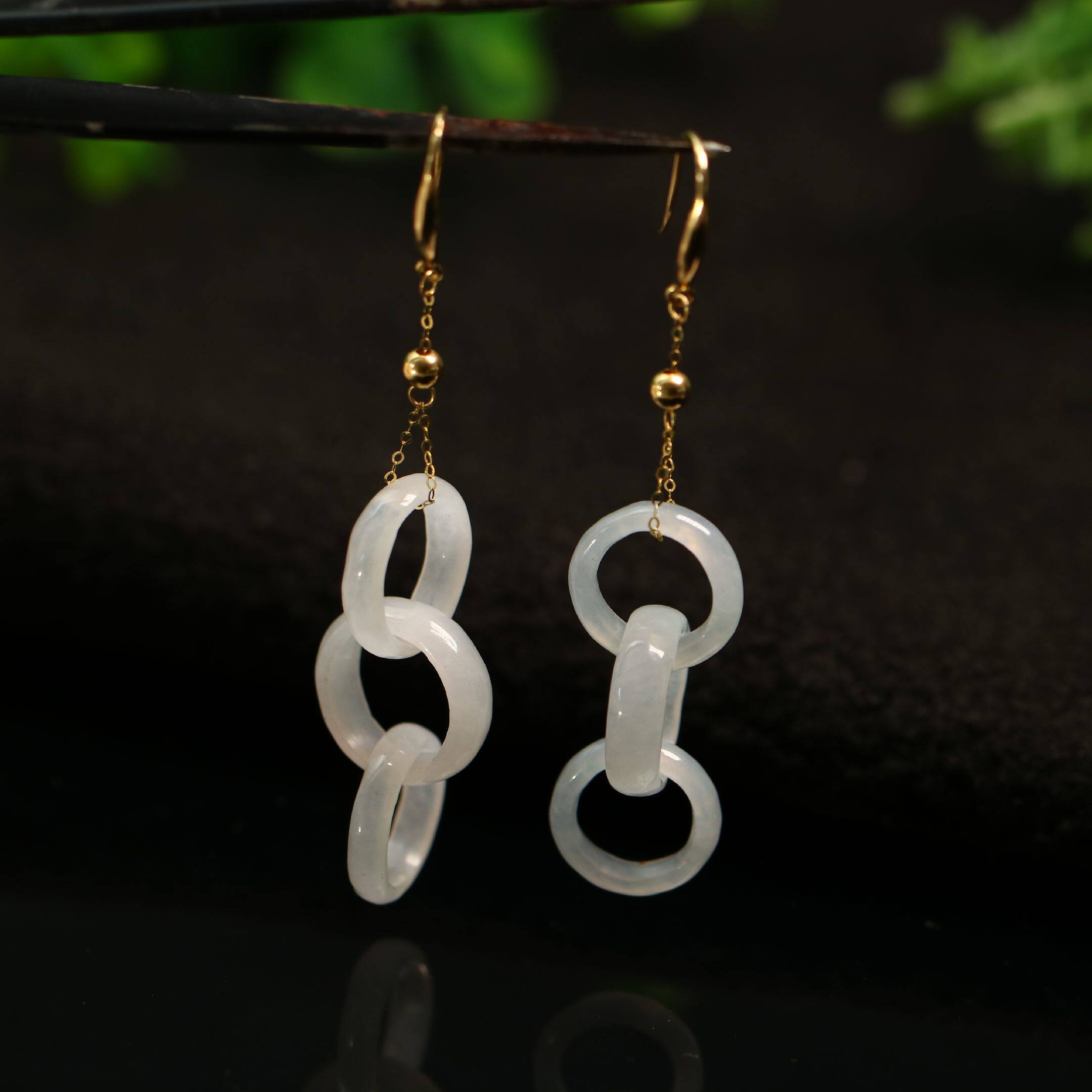 #B547一对18K金镶嵌老坑冰种天然A货老翡翠三连环耳环耳坠