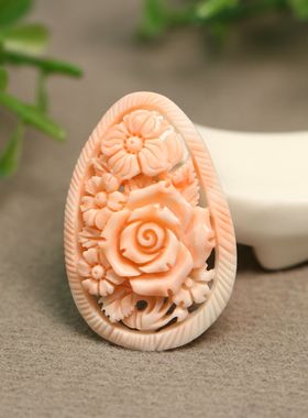 #B911 深海粉红色天然有机红宝牡丹花雕花吊坠