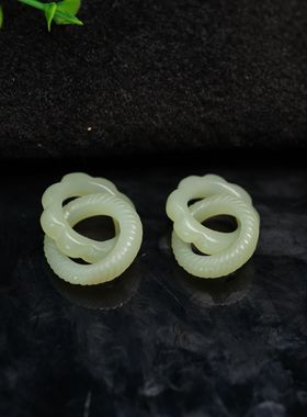 #K542一对老和田白玉雕花两连环 镶嵌耳坠裸石