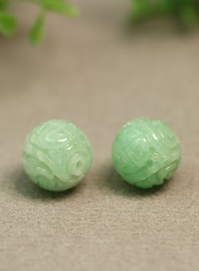 #E192一对12.3MM糯底浅绿色天然A货翡翠团寿龙纹雕花圆珠子顶珠
