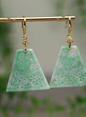 #K260 绿色缅甸天然A货翡翠镂空雕花梯形耳坠古风耳饰 S925银镶嵌