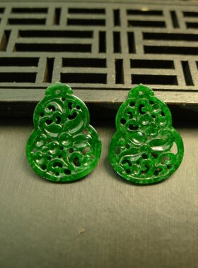#M244 一对老坑满色辣绿缅甸天然A货翡翠镂空雕花葫芦花片裸石