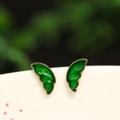 A481一对18K金镶嵌满色辣绿天然A货翡翠蝴蝶翅膀耳钉
