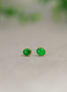 #L281 18K金镶嵌冰种满绿天然A货翡翠蛋面耳钉