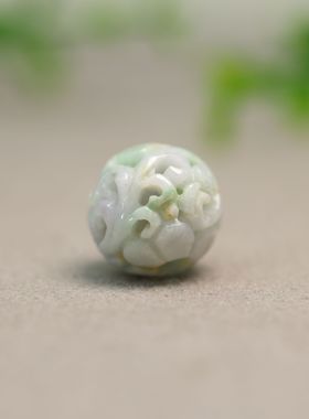#J372淡紫飘绿色天然A货翡翠镂空龙纹雕花圆形珠子佛珠顶珠