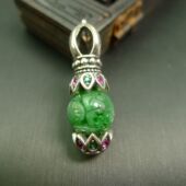 1416 S925镶嵌糯种满绿天然A货翡翠缕空团寿龙纹珠子金刚杵吊坠