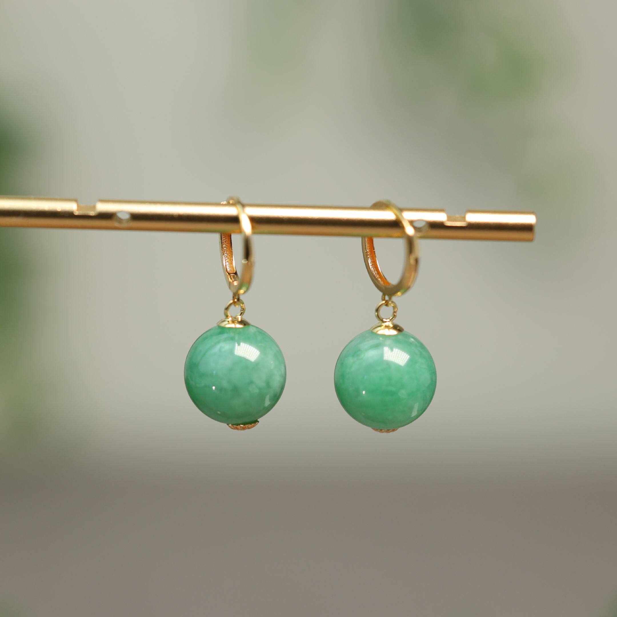 #K464 18K金镶嵌满绿缅甸天然A货翡翠素面珠子耳坠耳环