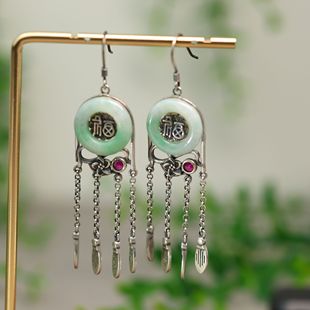 S925银镶嵌飘绿花缅甸天然A货翡翠小环流苏耳坠古风耳饰 K530