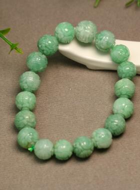 #H028一串绿色天然A货翡翠团寿龙纹雕花珠子手串18子手链