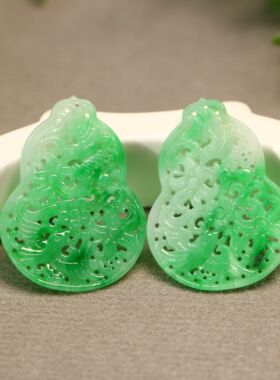 #C457一对飘阳绿天然A货翡翠镂空雕花福禄形吊坠耳坠花片