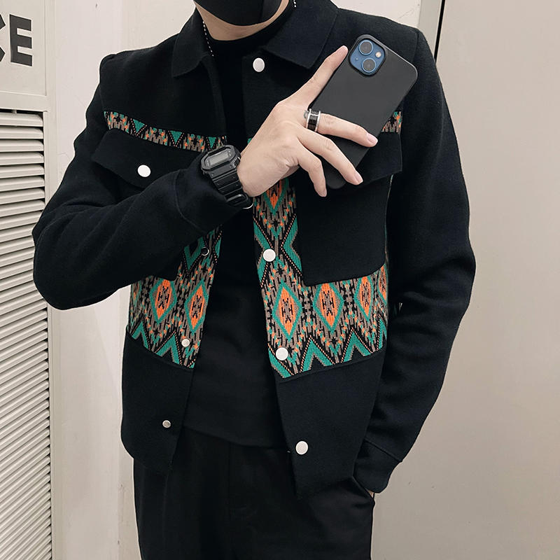 雷迪波尔官方黑色高级感条纹拼接翻领夹克男潮牌痞帅修身外套男春