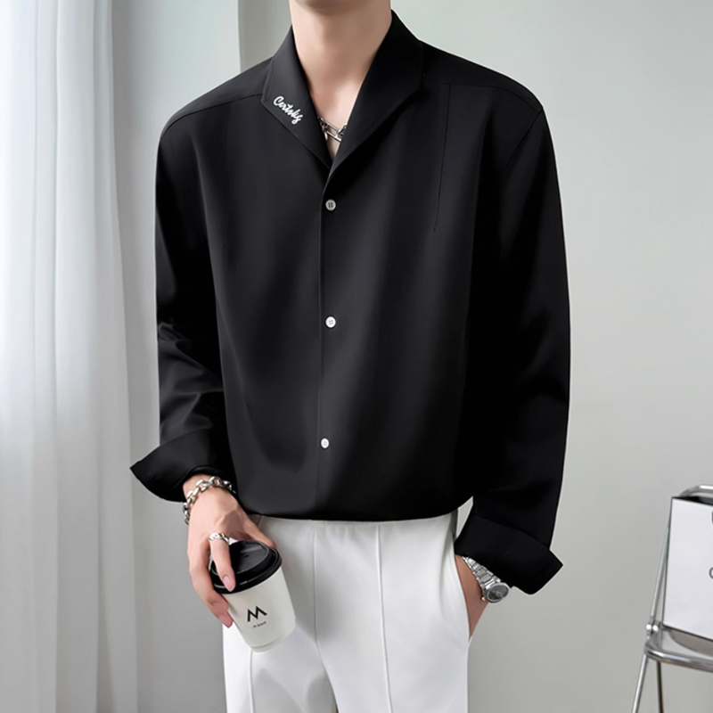 雷迪波尔官方秋季新款痞帅西装翻领衬衫男长袖潮流加厚宽松高级感