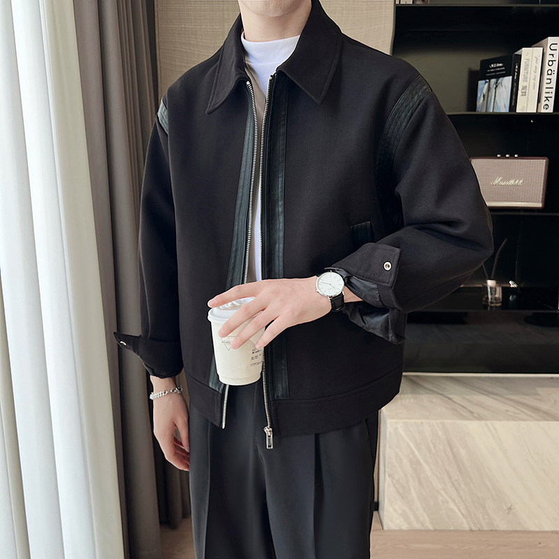 雷迪波尔官方PU皮拼接毛呢外套男士痞帅秋冬季潮牌高级感潮流成熟