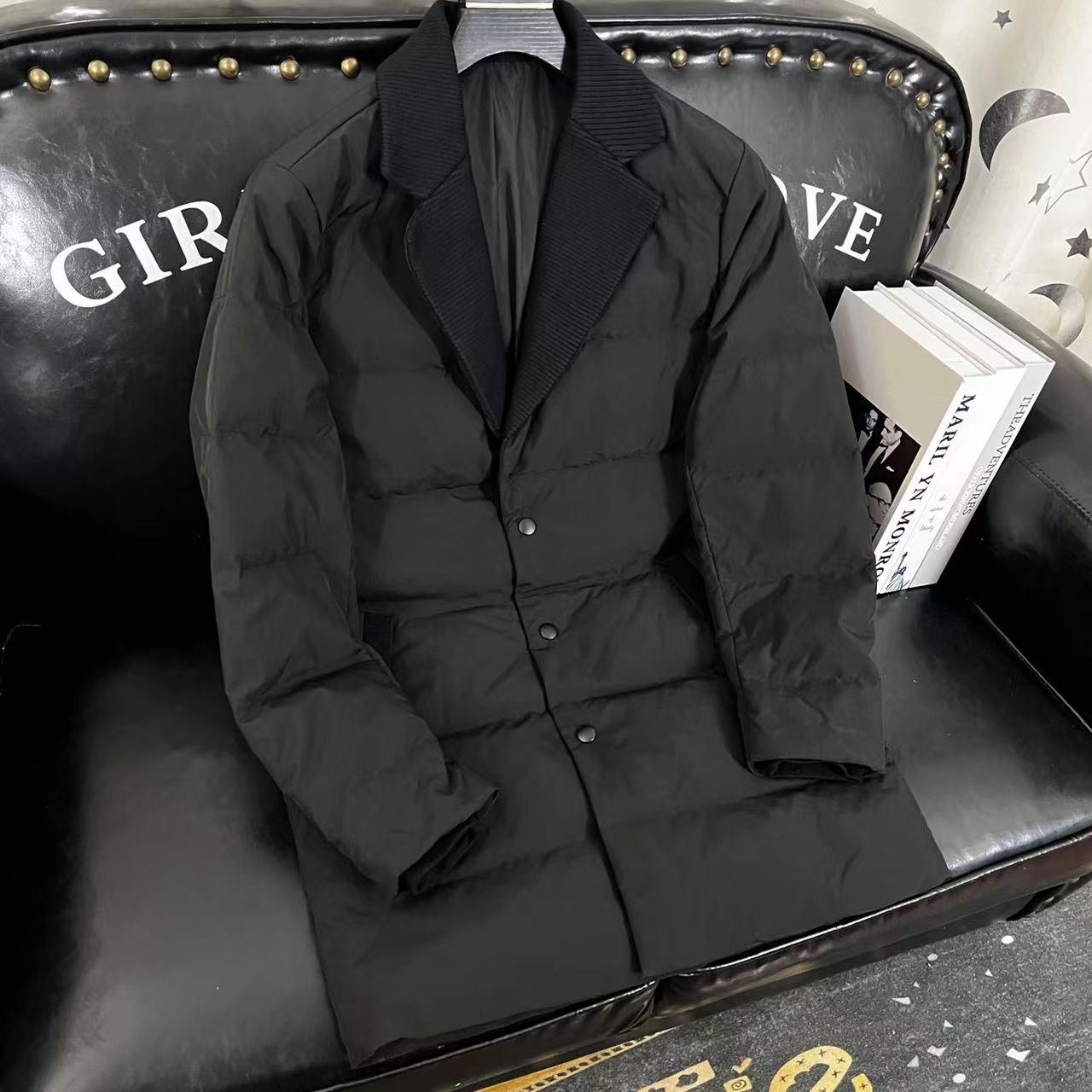 雷迪波尔官方冬季新款男士中长款羽绒服大衣韩版修身针织西装领白