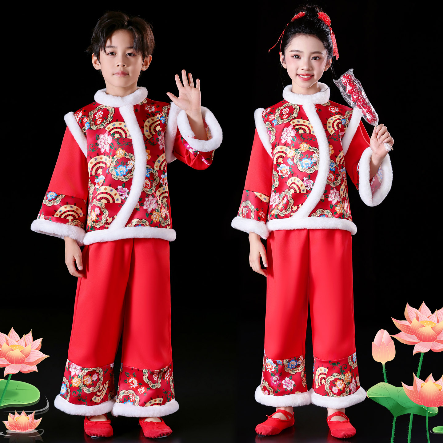 儿童中国红新年秧歌开门红演出服图片