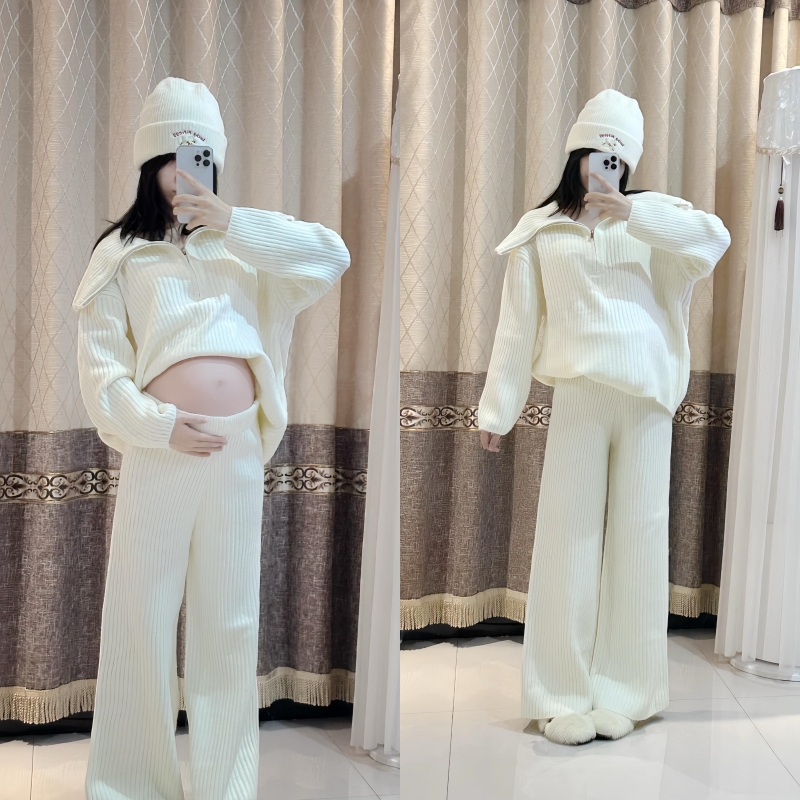 孕妇套装2025韩版秋冬针织半拉链上衣搭配无托腹阔腿裤马甲三件套