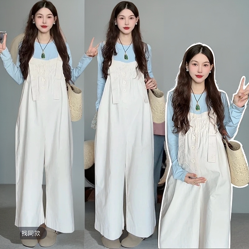 设计感孕妇两件套纯色长袖打底外穿上衣2025春秋季背带裤女两件套