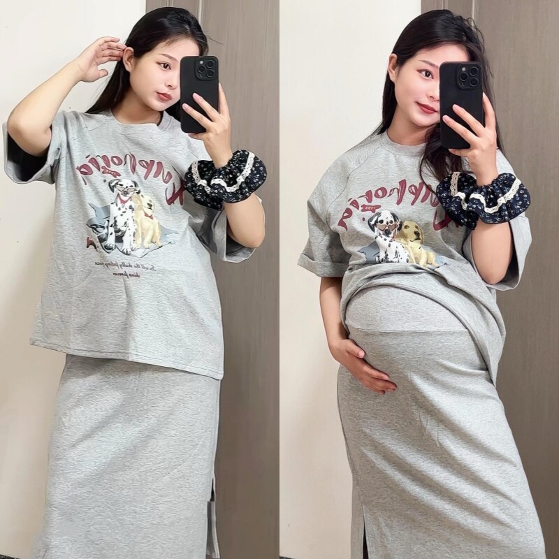 夏季孕妇两件套简约圆领印花上衣开叉托腹半身裙2026年韩版女