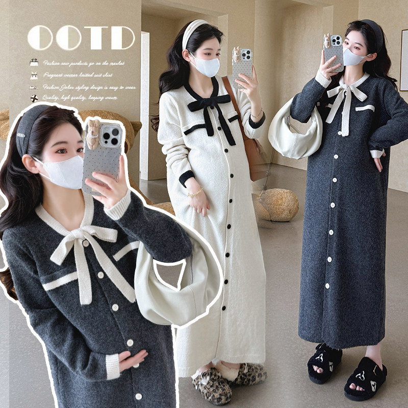 2025秋季孕妇装裙子设计感时尚洋气中长款撞色长袖针织韩版连衣裙