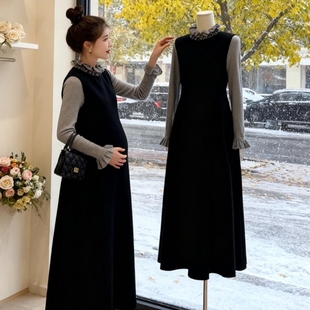 宽松背心裙搭配长袖 韩版 秋冬款 孕妇装 木耳边上衣慵懒风两件套 新款