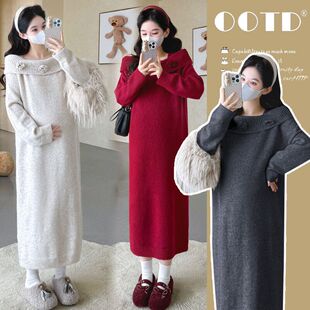 孕妇秋冬新款时尚慵懒风针织花朵中长款大码连衣裙2025休闲百搭女