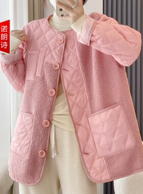 2025新款宽松休闲绗缝菱格夹棉棉衣200斤胖大码女装拼接棉服韩