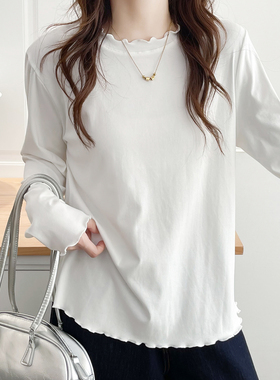 简约木耳边长袖T恤秋季纯色超好看内搭大码胖mm韩版显瘦打底上衣