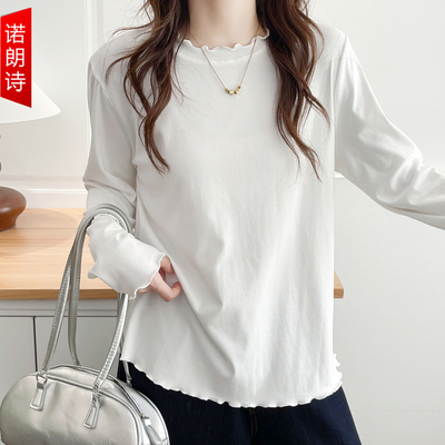 大码女装简约木耳边长袖打底衫韩