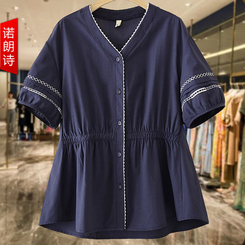 大码女装夏季收腰短袖衬衫女上衣