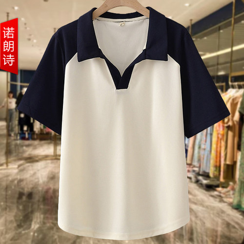 大码女装撞色Polo短袖T恤上衣韩