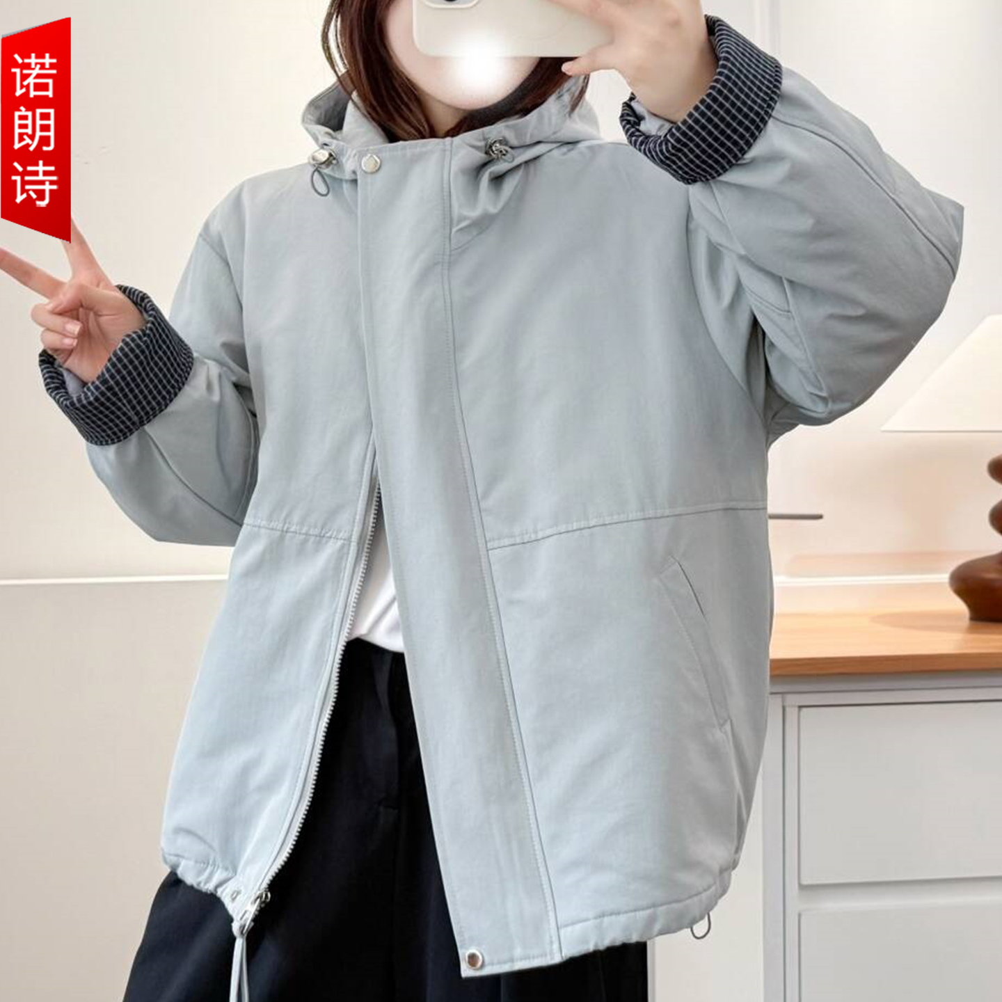 大码女装加厚保暖连帽派克服棉服