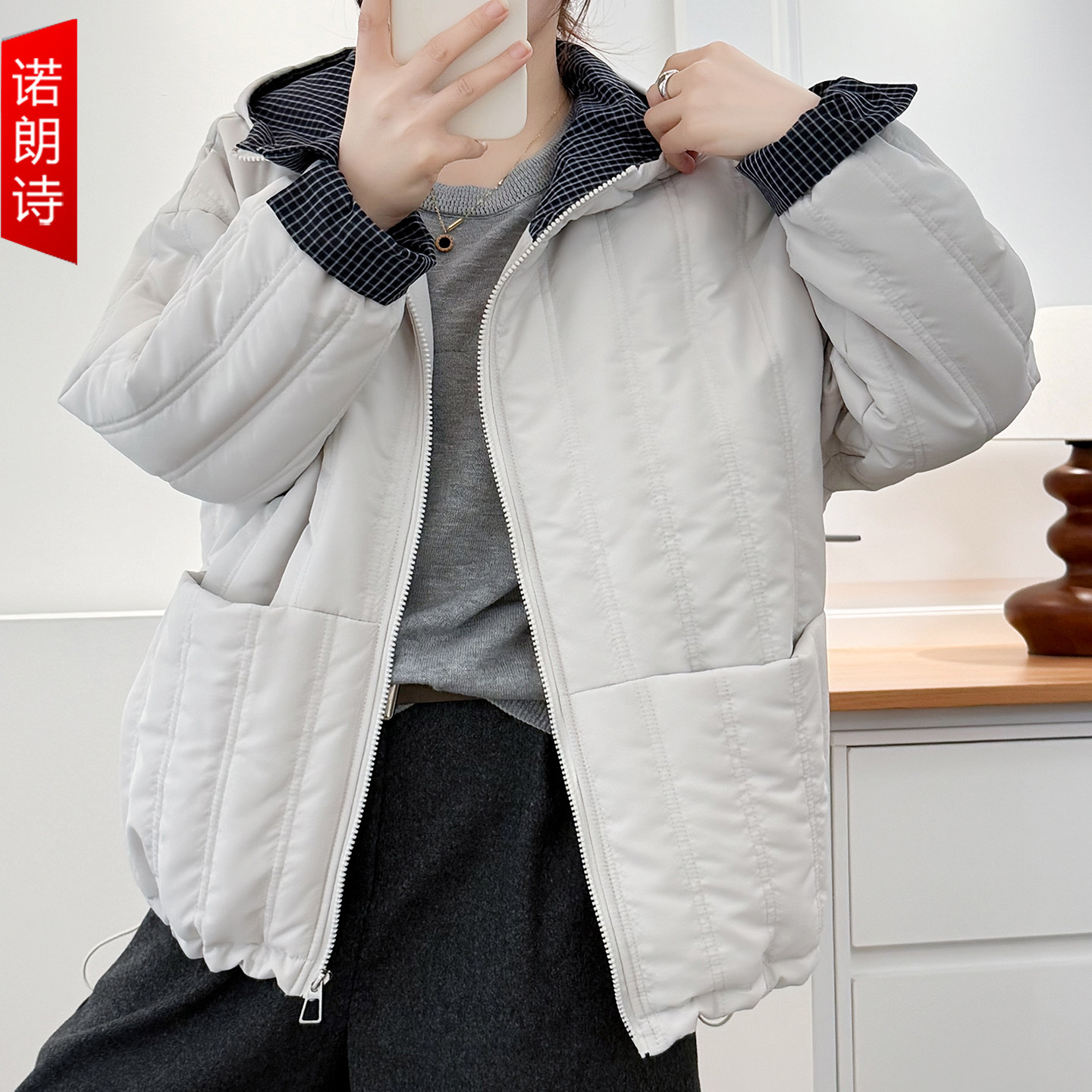 冬季大码连帽夹棉外套加厚保暖短款棉衣胖mm遮肉显瘦格纹夹克上衣,女装/女士精品,大码棉服,淘宝优惠券,粉丝福利购,淘宝优惠卷