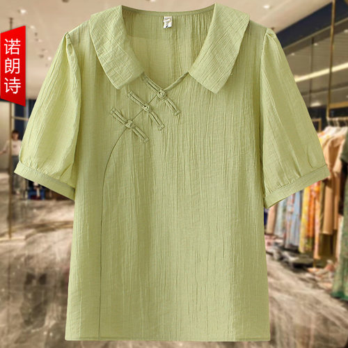 大码女装新中式盘扣短袖衬衫女