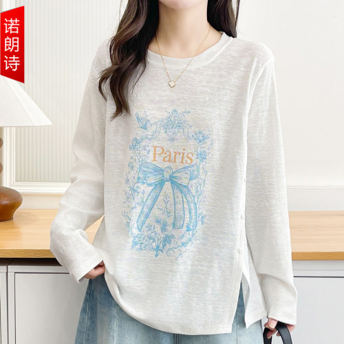 大码女装蝴蝶结印花长袖t恤开叉T
