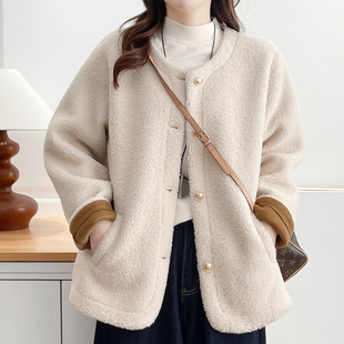 羊羔毛休闲开衫 加厚保暖小香风甜美减龄外套胖mm气质冬装 女装 大码