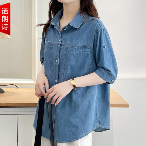 大码女装翻领牛仔衬衫短袖上衣夏
