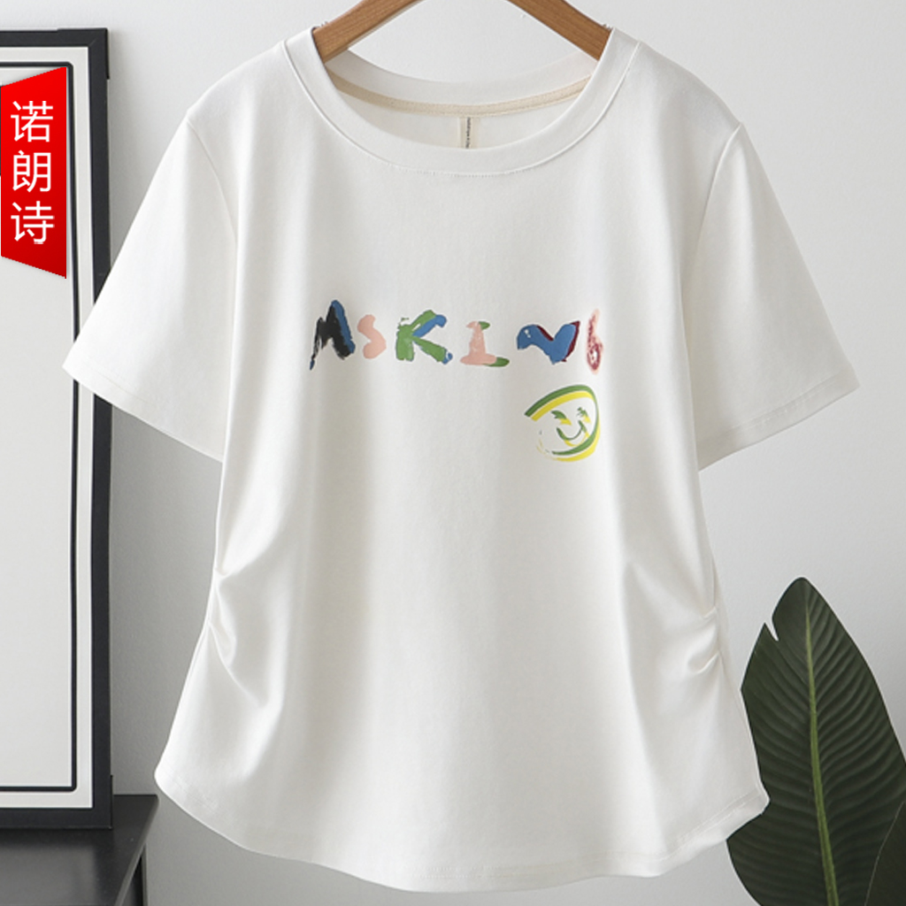 胖mm双侧褶皱叠染印花T恤女韩版