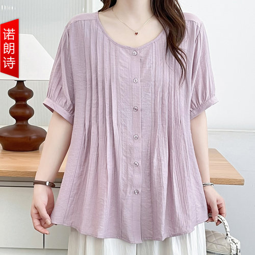 大码女装时尚洋气压褶短袖衬衫夏