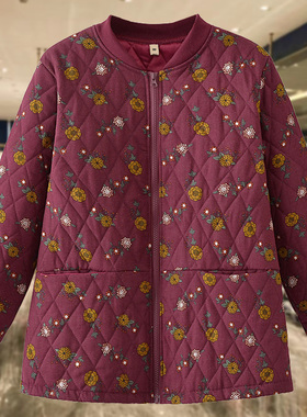 大码胖妈妈秋冬休闲棉袄菱格夹棉碎花外套立领中老年宽松显瘦女装