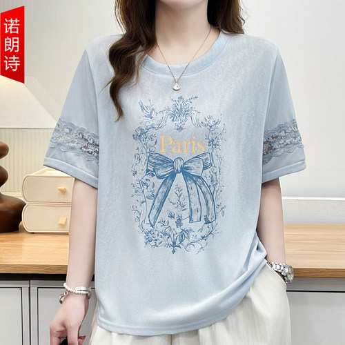 大码女装设计感蝴蝶结印花短袖T