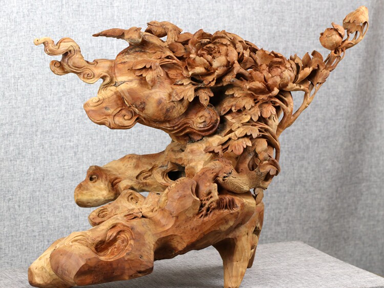 艺中堂正品檀香榴根雕花鸟风景摆件木雕花好月圆红木艺术装饰家居
