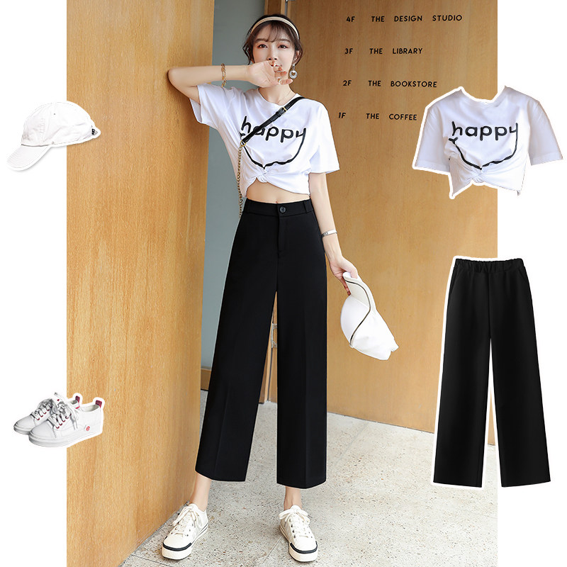 阔腿裤女高腰小个子垂感冰丝夏季宽松薄款九分雪纺西装直筒休闲裤