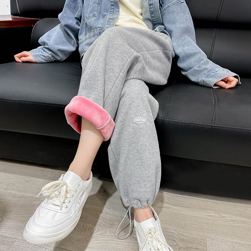 灰色运动裤子女秋冬季2025新款阔腿休闲 宽松直筒加绒加厚束脚卫