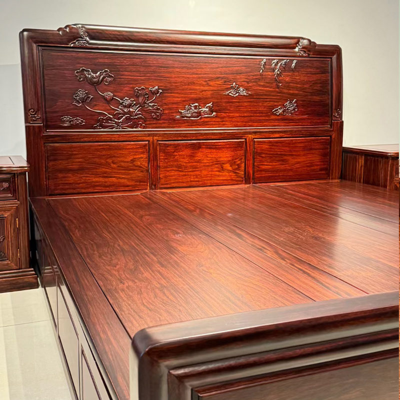 复古明式金花梨百合雕花实木床